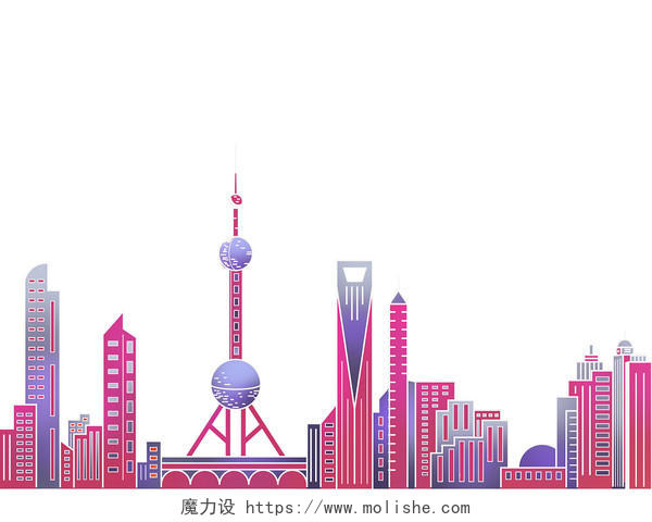 彩色手绘简约上海城市建筑高楼大厦剪影元素PNG素材
